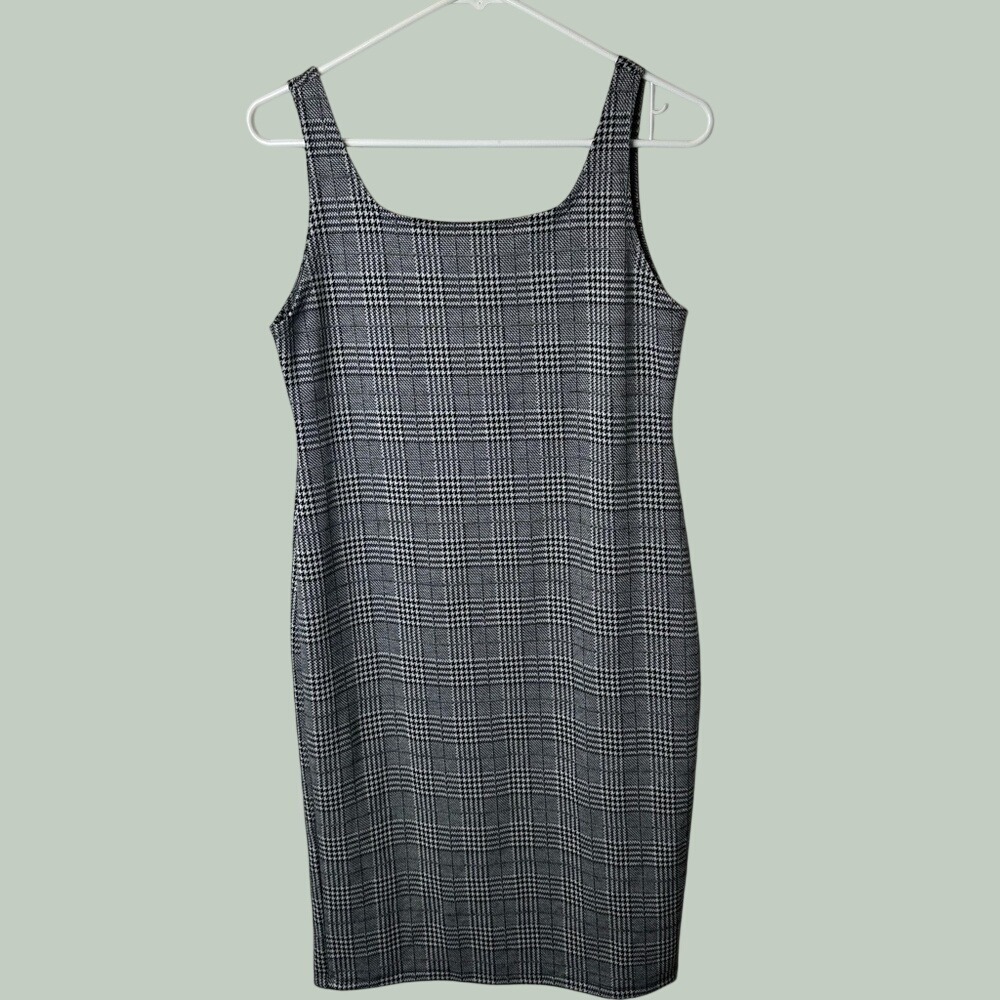 Popular‎ Basics Micro Plaid Exposed Zipper Sheath Dress Grey Black XL